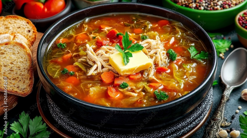Hearty cabbage soup concept. A vibrant bowl of chicken soup with vegetables, topped with a pat of butter and garnished with parsley, accompanied by bread and spices. Hearty cabbage soup concept. A vibrant bowl of chicken soup with vegetables, topped with a pat of butter and garnished with parsley, accompanied by bread and spices.