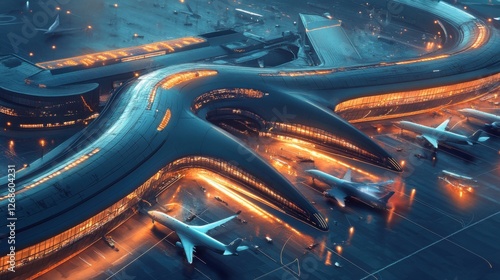 Futuristic Airport Design at Night:  A Stunning Aerial View of a Modern, Sleek Terminal with Airplanes and Illuminated Runways