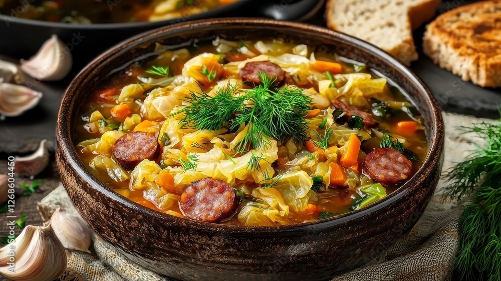 Hearty cabbage soup concept. A hearty bowl of soup brimming with vegetables, sausage, and herbs, served alongside toasted bread and garlic. Hearty cabbage soup concept. A hearty bowl of soup brimming with vegetables, sausage, and herbs, served alongside toasted bread and garlic.