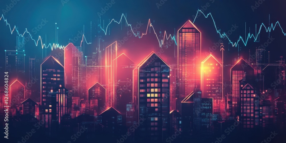 Naklejka premium Dynamic Cityscape: Urban Development and Financial Market Trends Visualization