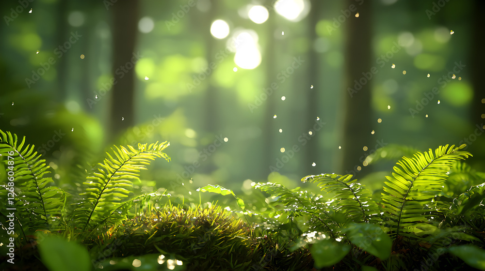 Vibrant Green Forest Sunlight on Lush Ferns and Moss Vibrant Green Forest Sunlight on Lush Ferns and Moss