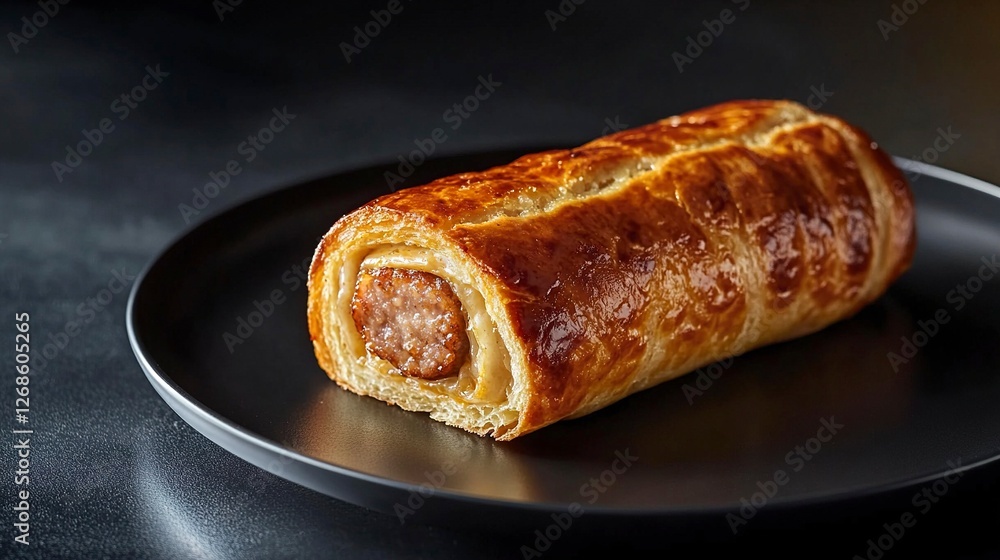 Sausage roll on a black plate, isolated against a dark background. Close-up view. Stock photo contest winner, award-winning photography, high-resolution stock photo, full of details, hyper-realistic Sausage roll on a black plate, isolated against a dark background. Close-up view. Stock photo contest winner, award-winning photography, high-resolution stock photo, full of details, hyper-realistic