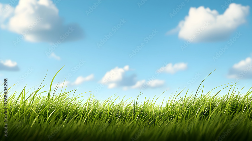 Fototapeta premium Vibrant Green Grass Field Under a Blue Sky with Fluffy Clouds