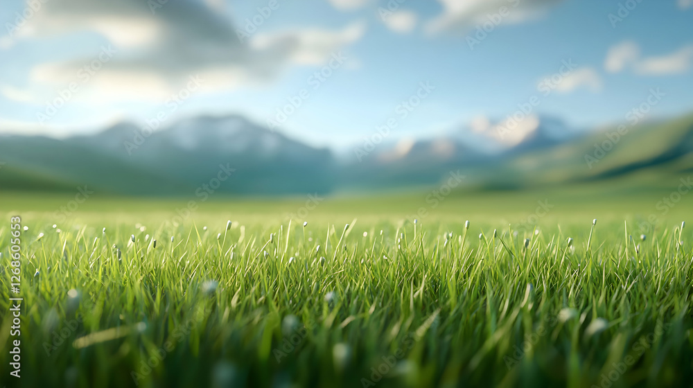 Vibrant Green Grass Field with Mountain Background Vibrant Green Grass Field with Mountain Background