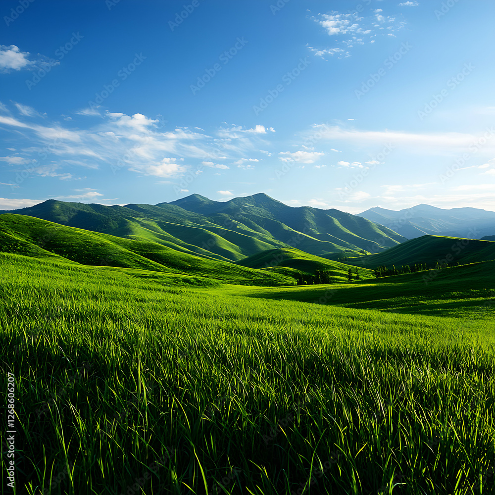 Fototapeta premium Vibrant Green Hills Landscape Under a Sunny Sky
