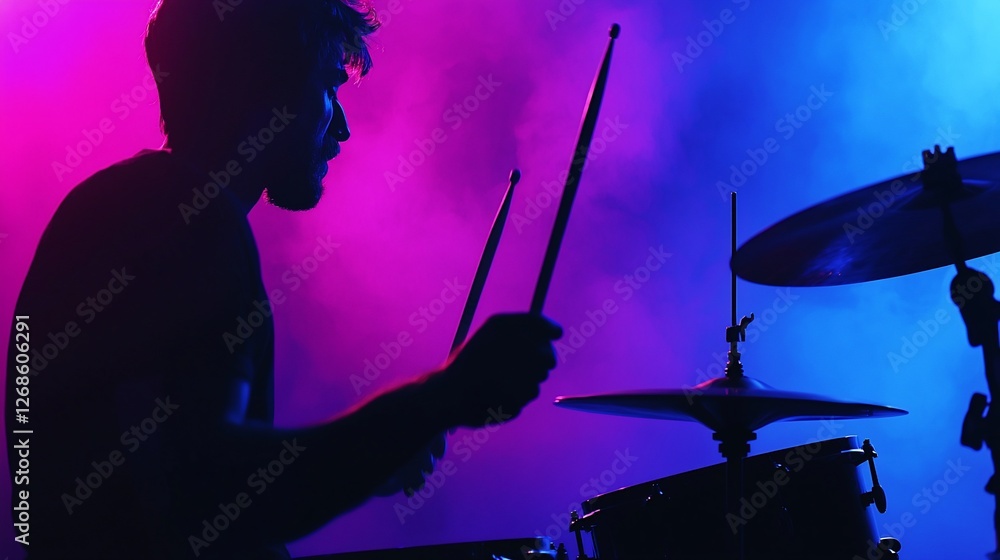 Fototapeta premium Drummer silhouetted in vibrant stage lighting, playing drums.