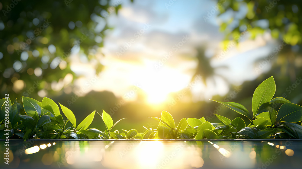Obraz premium Vibrant Green Leaves at Sunset, Tropical Summer Background