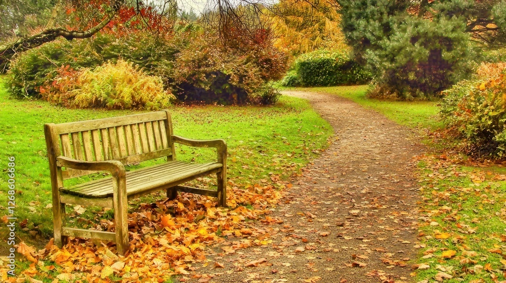 A Serene Park Scene with a Bench Surrounded by Colorful Foliage A Serene Park Scene with a Bench Surrounded by Colorful Foliage