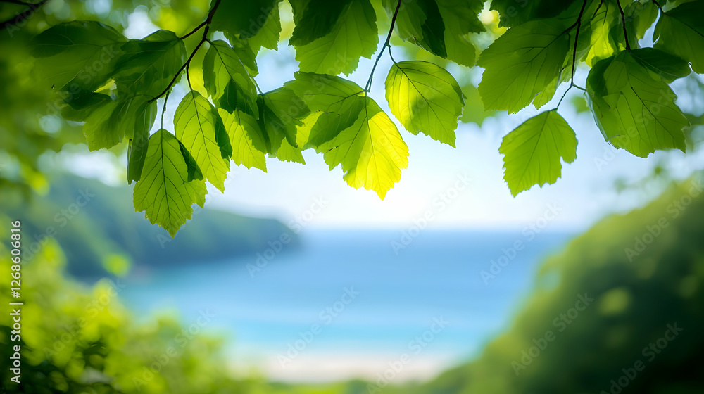 Fototapeta premium Vibrant Green Leaves Frame Ocean View