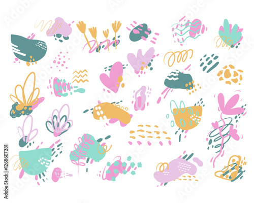 Organic shapes set on white background. Hand draw abstract design elements in pastel colors. Minimal stylish cover template. Art form for social media stories, branding, banner. Vector eps