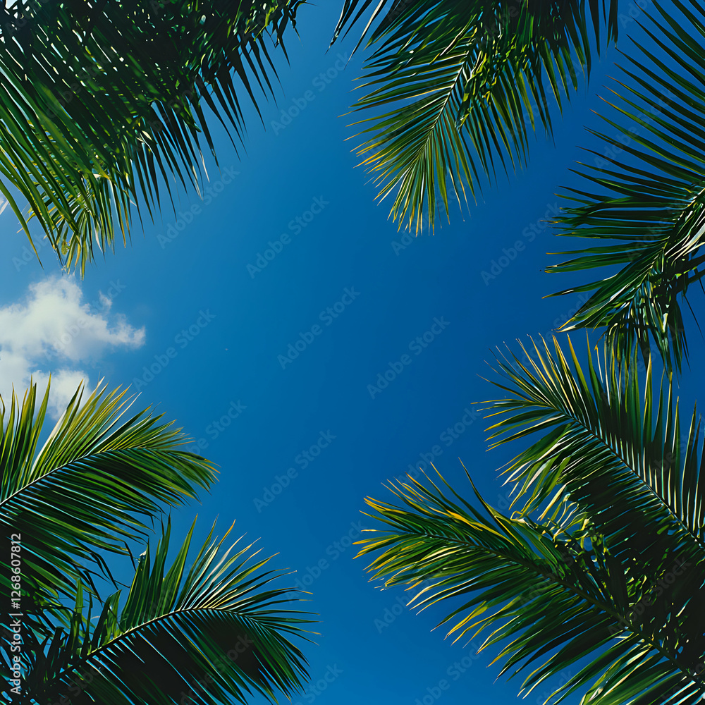 Fototapeta premium Vibrant Green Palm Fronds Frame Bright Blue Summer Sky
