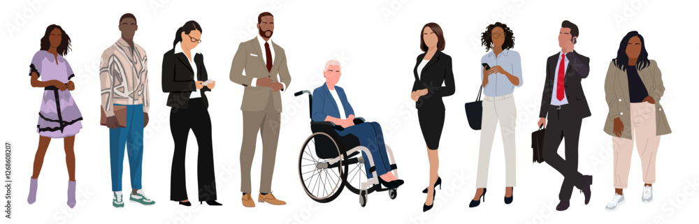 Multinational business team. Vector realistic illustration of diverse cartoon men and women of various ethnicities, ages and body type in smart casual office outfits. Isolated on white background. Multinational business team. Vector realistic illustration of diverse cartoon men and women of various ethnicities, ages and body type in smart casual office outfits. Isolated on white background.