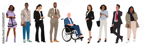 Multinational business team. Vector realistic illustration of diverse cartoon men and women of various ethnicities, ages and body type in smart casual office outfits. Isolated on white background.