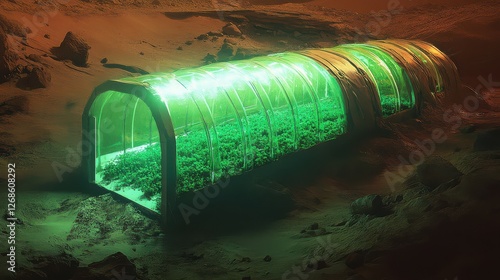 Martian farm with glowing algae tanks supporting food and oxygen production for terraformed habitat photo