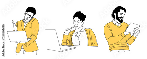 Business people working at laptop. Different men and women looking at computer, digital tablet, thinking, speaking by phone. Vector linear cartoon illustration in yellow and black colors isolated.