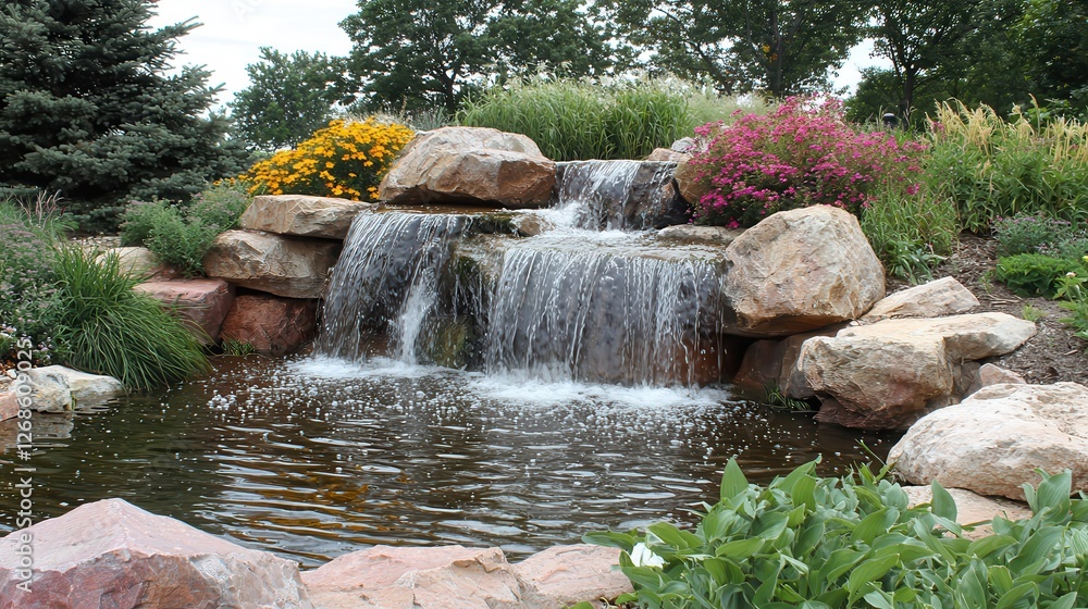 Naklejka premium Serene Waterfall Garden with Lush Greenery and Blooming Flowers