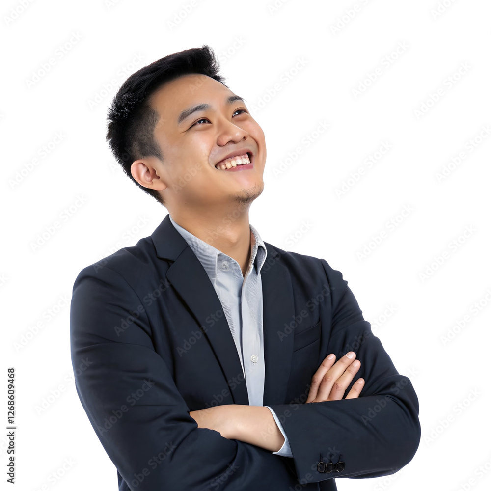 Young professional in suit smiling confidently while looking upwards in a bright studio setting Young professional in suit smiling confidently while looking upwards in a bright studio setting
