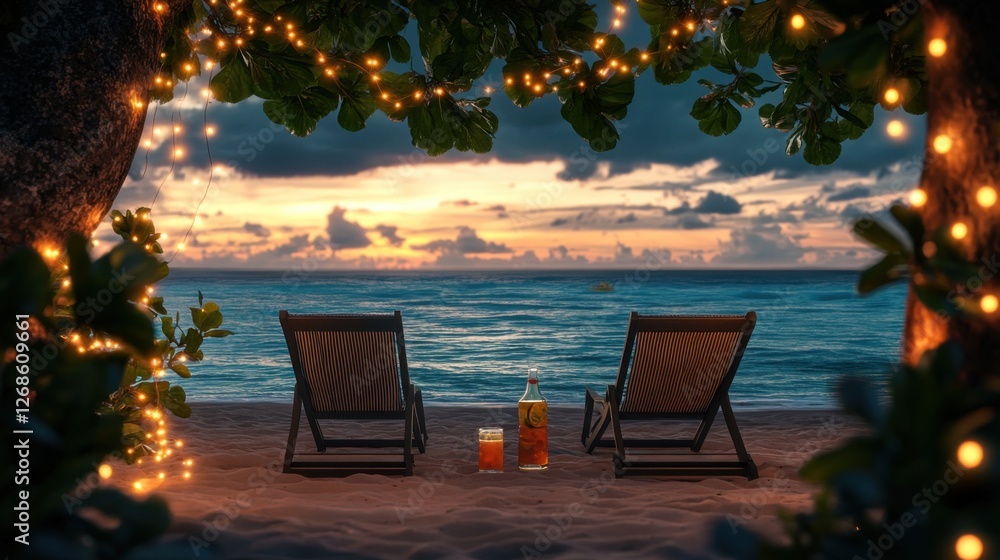 Obraz premium Romantic Beach Sunset: Tranquil Evening with Ocean View, Two Deck Chairs, Drinks and Fairy Lights