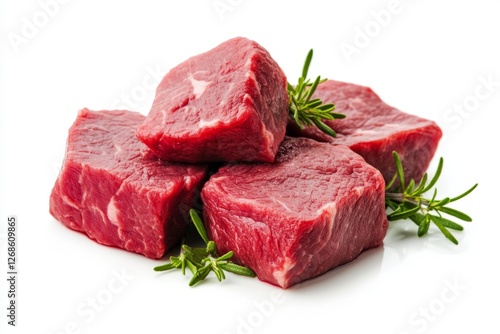 Fresh beef cubes, rosemary, white background, studio shot, recipe