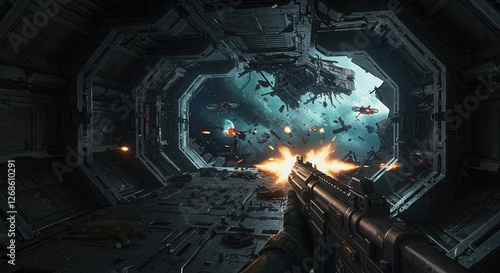 Fototapeta Naklejka Na Ścianę i Meble -  First Person Shooter Gameplay with Gunfire in Sci-fi Space Environment