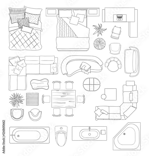 Furniture outline Top view. Set of line art elements for interior design of house, apartment above view plan. Overhead contoured bed, sofa, chairs, plant, tables. Vector isolated on white background.