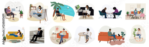 Diverse Freelance people work in comfortable conditions, from home, on the beach, in comfortable workplace. Remote work, self employed concept. Flat cartoon Vector realistic illustrations set.
