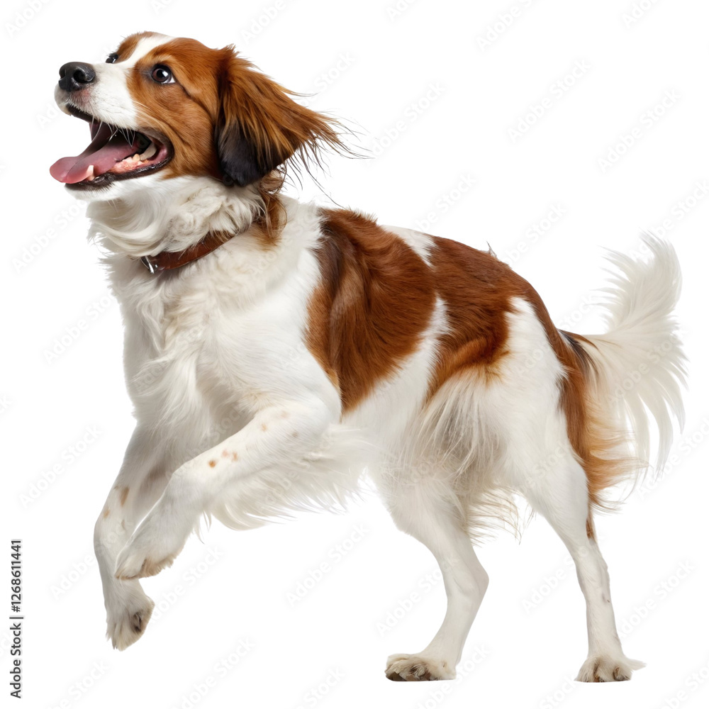 Fototapeta premium Happy dog running joyfully in a playful manner indoors with bright lighting and a white background