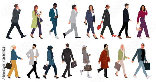 Set of Various business people walking side view. Modern men and women different ethnicities, ages and body types in smart casual and formal office outfits with phone, briefcase, bags. Vector isolated