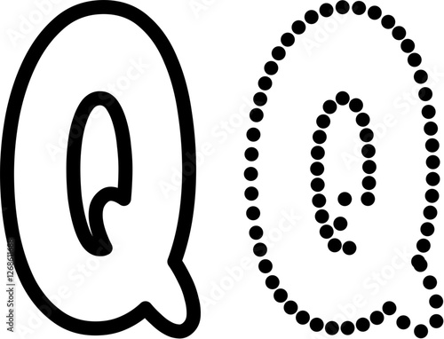 Vector illustration of uppercase letter Q in bold outline and dashed line style. Ideal for kids' tracing worksheets, coloring pages, and educational materials.