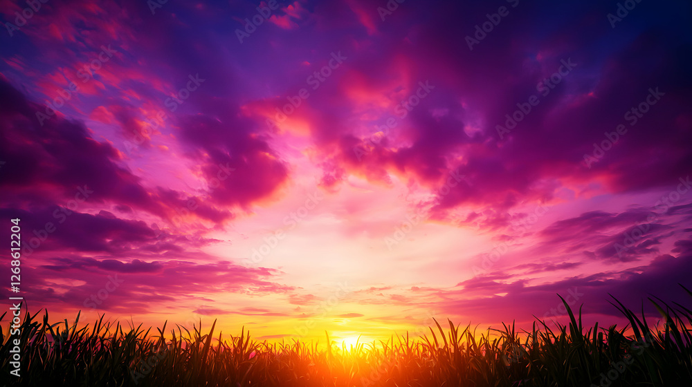 Fototapeta premium Vibrant Pink And Orange Sunset Over Grassy Field