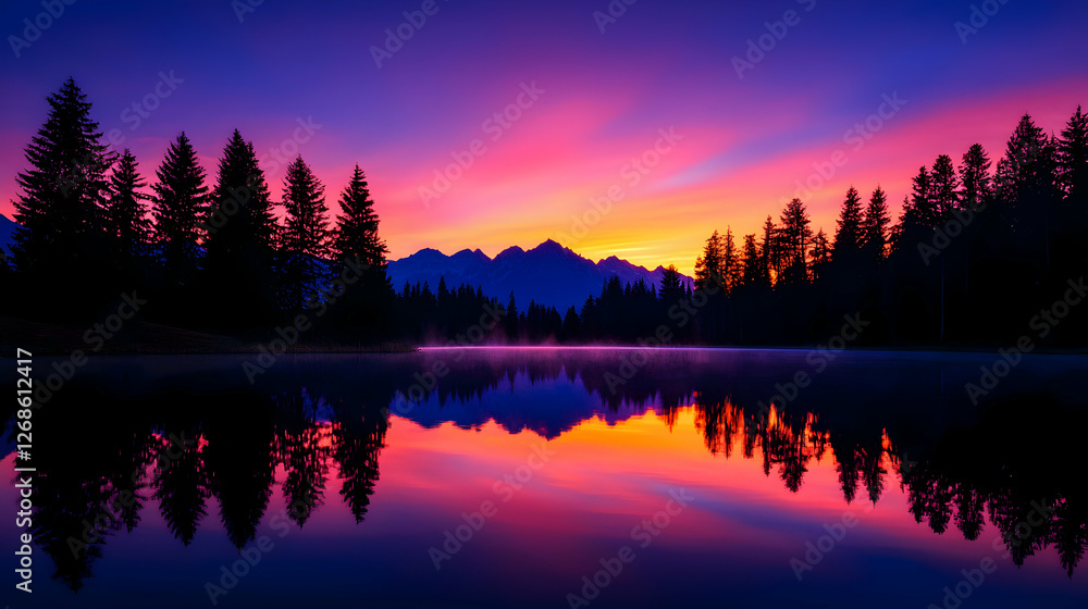 Fototapeta premium Vibrant Pink And Purple Sunrise Over Mountain Lake