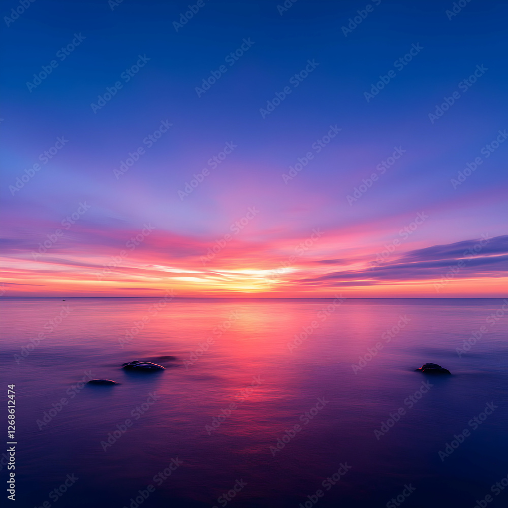 Obraz premium Vibrant Pink And Purple Sunset Over Calm Ocean