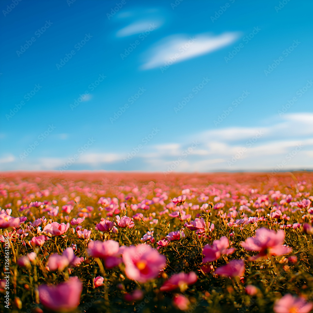 Vibrant Pink Cosmos Flower Field Under a Blue Sky