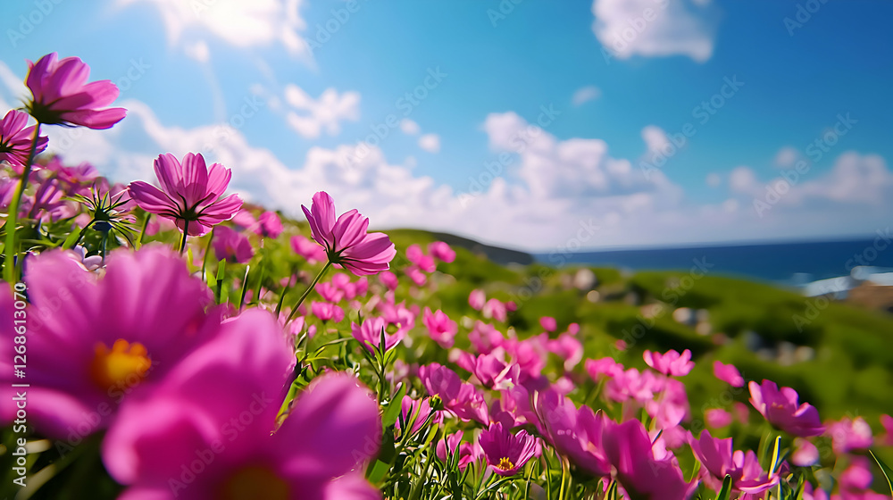 Vibrant Pink Cosmos Flowers in Coastal Meadow Vibrant Pink Cosmos Flowers in Coastal Meadow