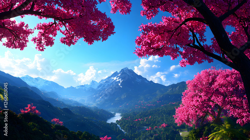 Vibrant Pink Cherry Blossoms Frame Mountain Valley Landscape
