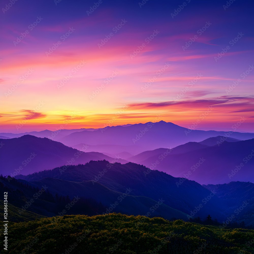 Obraz premium Vibrant Purple And Orange Sunset Over Hazy Mountain Ranges