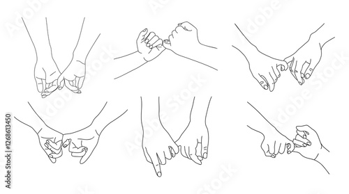 Pinky Promise Hands, Outline Drawing, Hands Holding little fingers. Love, relationship, friendship concept. Monochrome hand drawn ink style sketch isolated on white background.