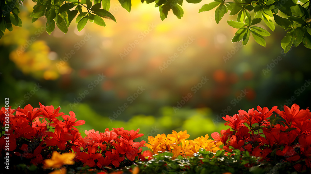 Obraz premium Vibrant Red and Orange Flowers with Green Leaves in Sunlight