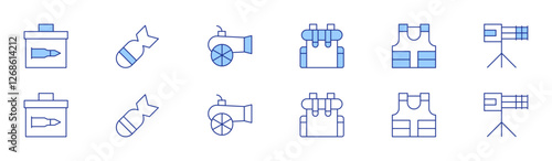 War icon set in two styles, Duotone and Thin Line style. Editable stroke. ammunition, backpack, bomb, bulletproof vest, canon, machine gun