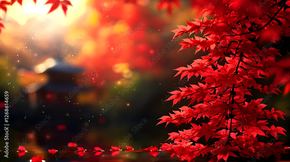 Vibrant Red Maple Leaves at Sunset in a Japanese Garden Vibrant Red Maple Leaves at Sunset in a Japanese Garden