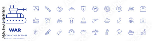 War icons collection. Thin Line icons, editable stroke. backpack, case, explosion, fighter jet, fighter plane, first aid kit, flag, flanders, gas mask