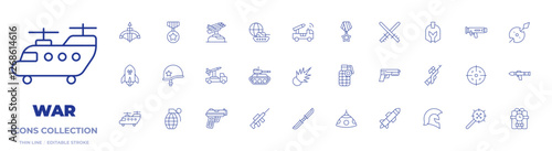 War icons collection. Thin Line icons, editable stroke. army, artillery, bomb, crossbow, double edged sword, dynamite, grenade, gun, helmet, launcher, mace