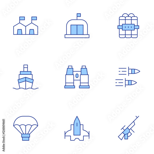 War icons set. Line Duotone style, editable stroke. airforce, assault rifle, binocular, bullet, bunker, dynamite, ship, supply, tent