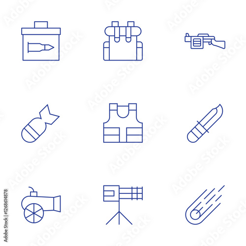 War icons set. Thin Line style, editable stroke. ammunition, backpack, bomb, bulletproof vest, canon, grenade launcher, knife, machine gun