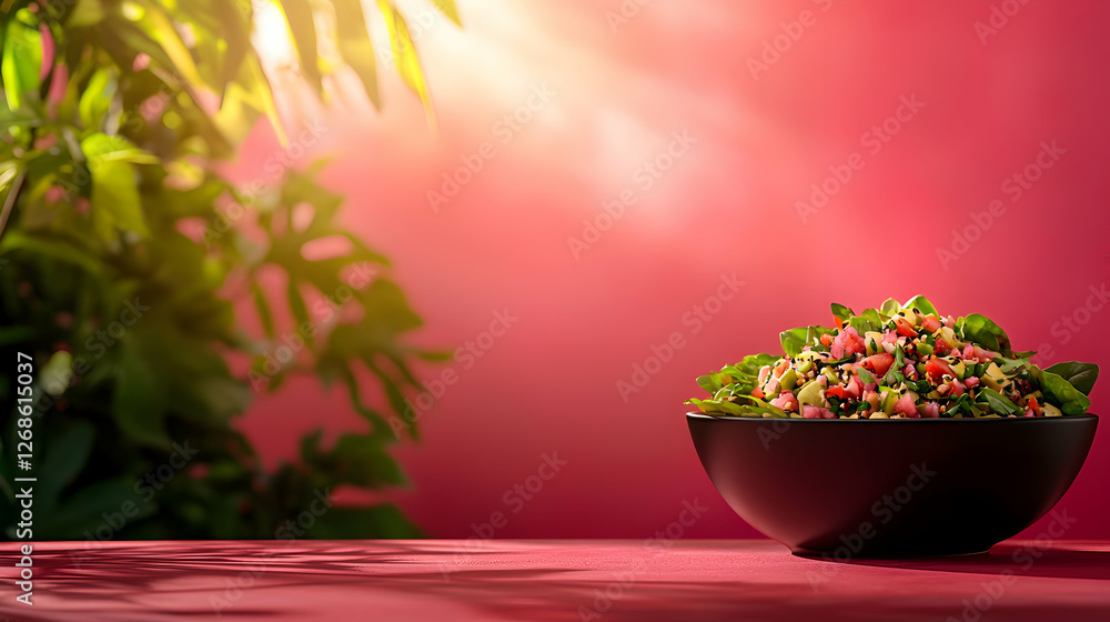 Vibrant Red Tabbouleh Salad in Dark Bowl Against Pink Background Vibrant Red Tabbouleh Salad in Dark Bowl Against Pink Background