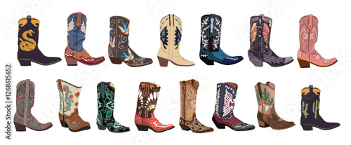 Set of various cowboy boots. Different ornaments. Fashion concept. Wild West theme. Hand drawn colored trendy Vector art illustration isolated on transparent background
