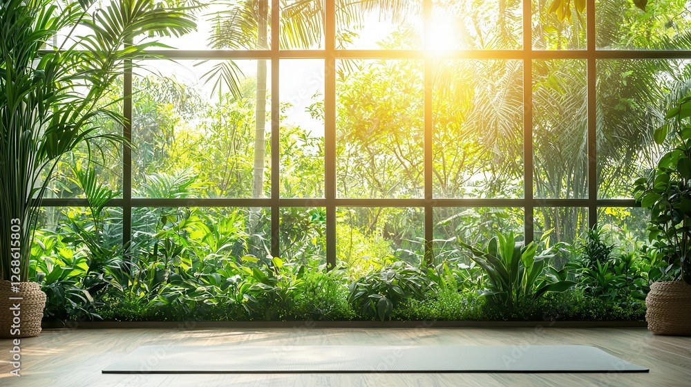 Serene Yoga Studio with Large Window and Lush Greenery Serene Yoga Studio with Large Window and Lush Greenery