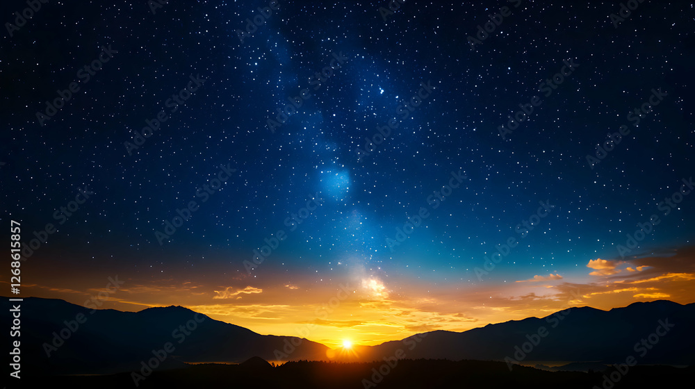 Fototapeta premium Vibrant Sunset and Milky Way Over Silhouetted Mountains