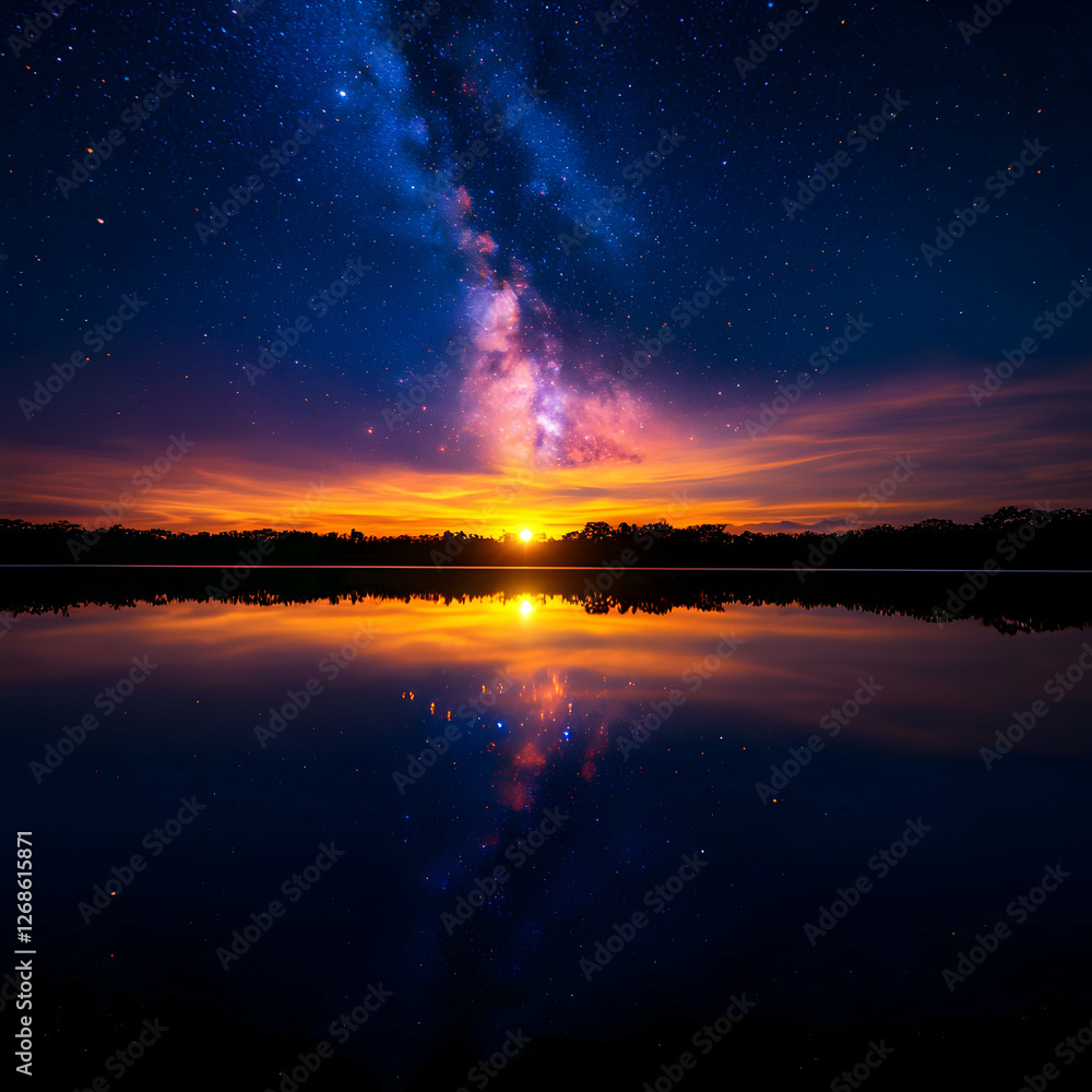 Fototapeta premium Vibrant Sunset and Milky Way Reflection Over Calm Lake