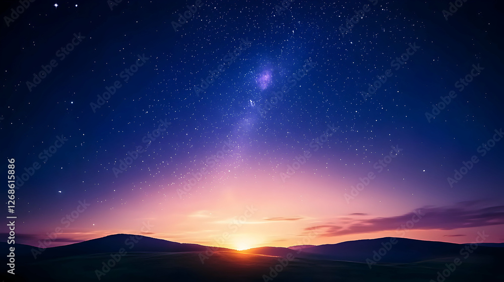 Fototapeta premium Vibrant Sunset and Starry Night Sky Landscape